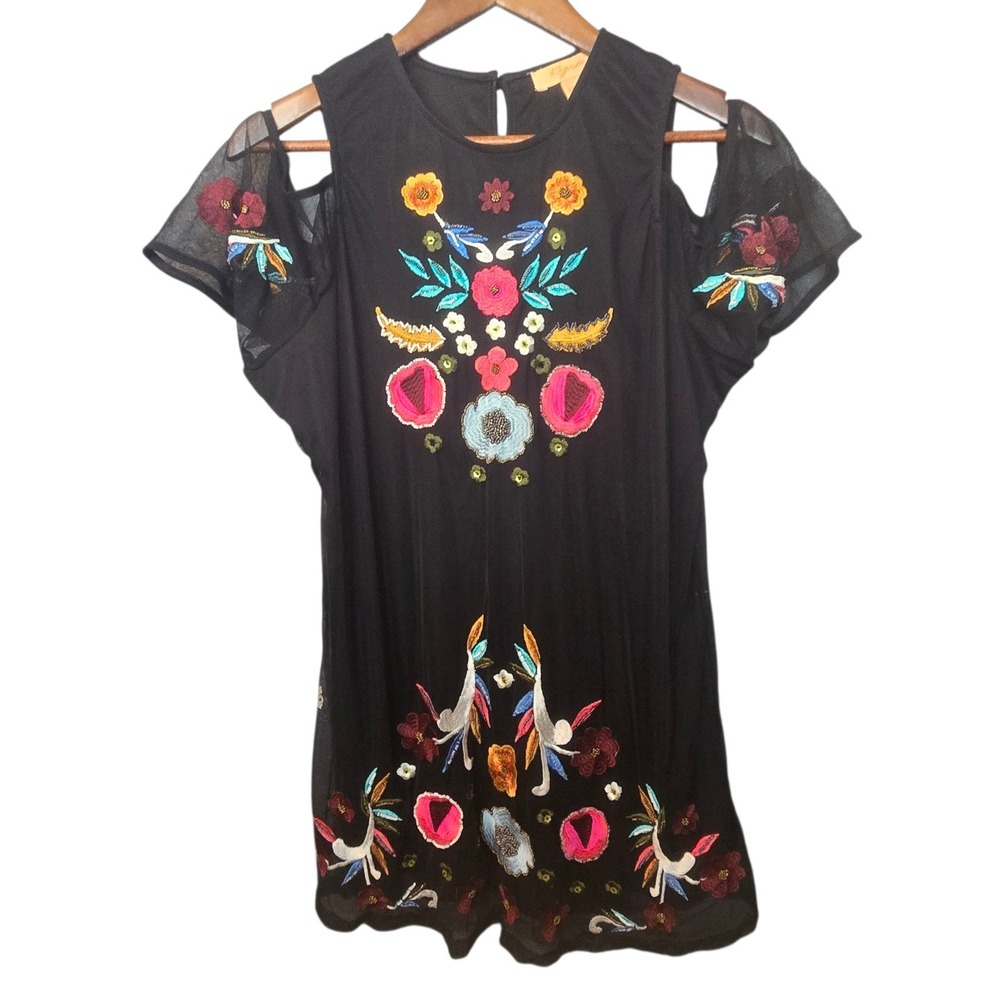 KYRA Black Embroidered Cold Shoulder Boho Fairy Goth Dress Floral NWT l‎ Large